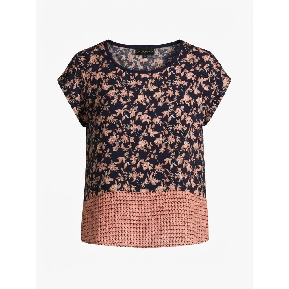 Cynthia Rowley Woman Top Women 1X Navy Pink Floral Lace Hem Short Sleeve